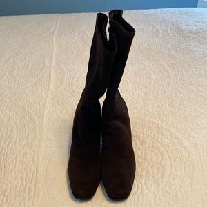 Prada wedge brown suede boots, 36, 13” high, w/prada knit rib logo, EUC